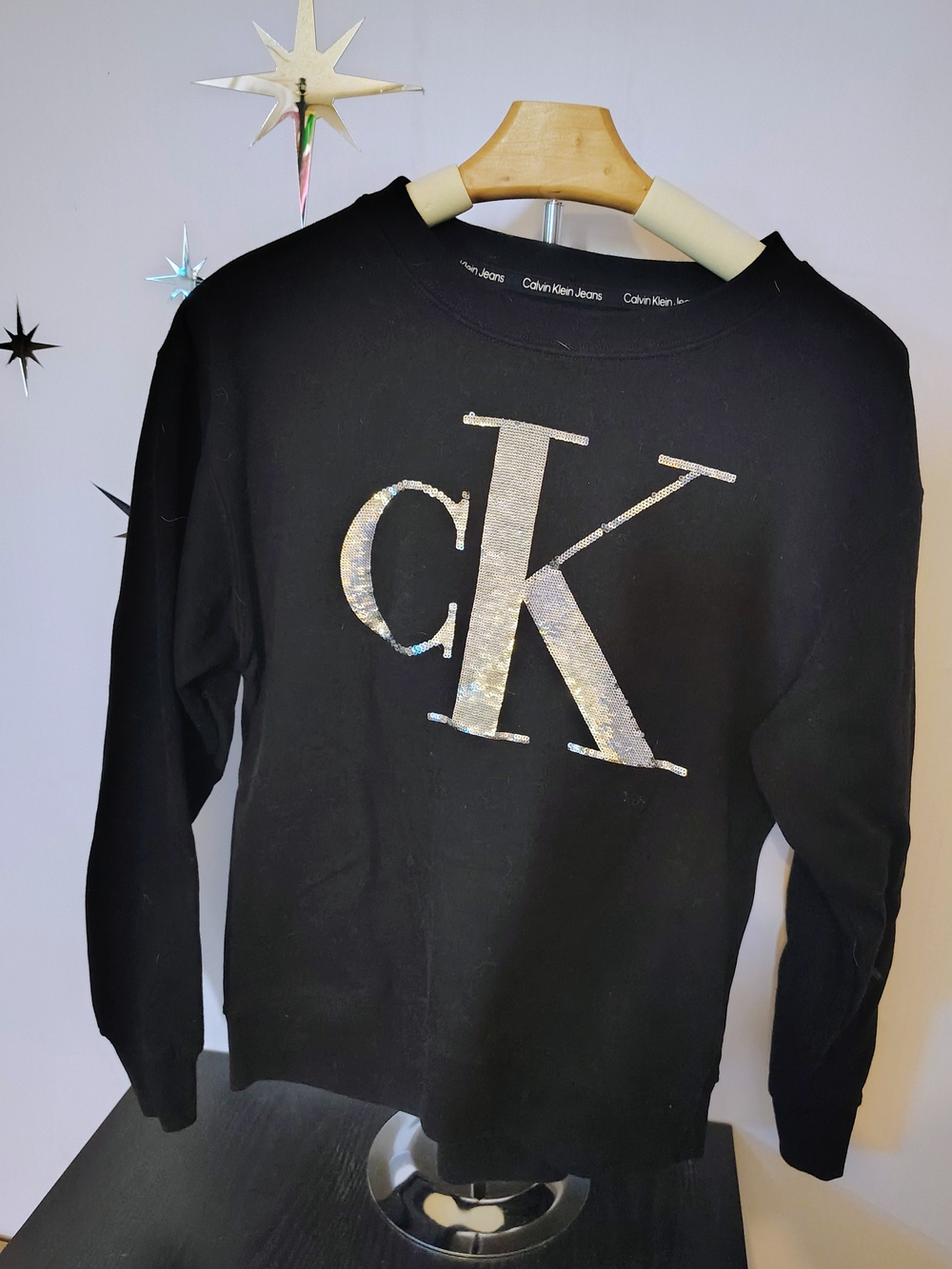 Calvin Klein Jeans Black Crewneck with Shimmer Sequin CK Logo